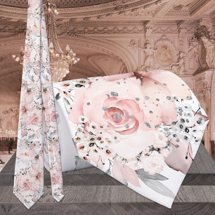 Blush White Pink Peony Silver Greenery Wedding Tie