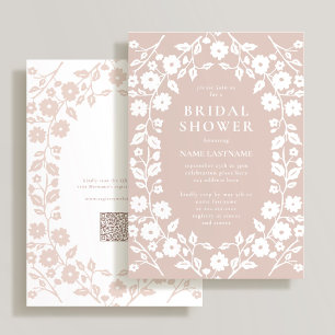 Blush White QR Code Folk Floral Bridal Shower Invitation