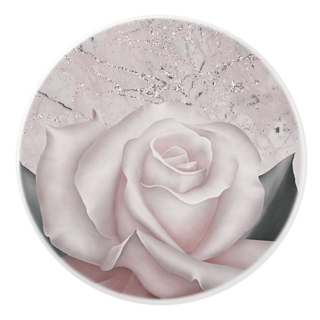 Blush White Rose Glam Modern Marble Shabby Chic Ceramic Knob (Front)