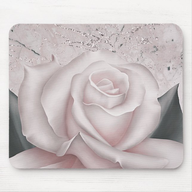 Blush White Rose Glam Modern Marble Shabby Chic Mouse Pad (Front)