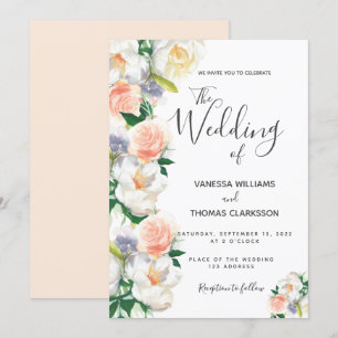 Blush white rose gold script wedding invitation