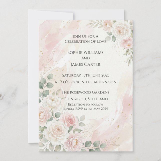 Blush White Rose Wedding Invitation (Front)