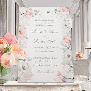 Blush & White Roses Floral Garden Wedding Pearl Invitation