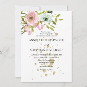 Blush & white roses with gold splashes invitation