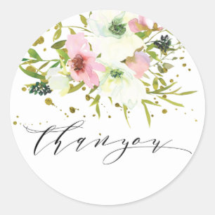 Blush & white roses with gold splashes Thankyou  Classic Round Sticker