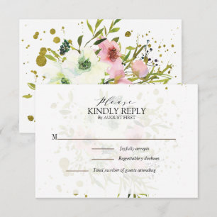 Blush & White roses with gold splashes Wedding RSVP Card