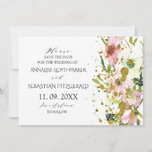Blush & white roses with gold splashes wedding save the date