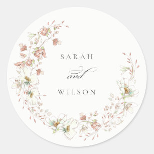 Blush White Rustic Meadow Floral Wreath Wedding Classic Round Sticker