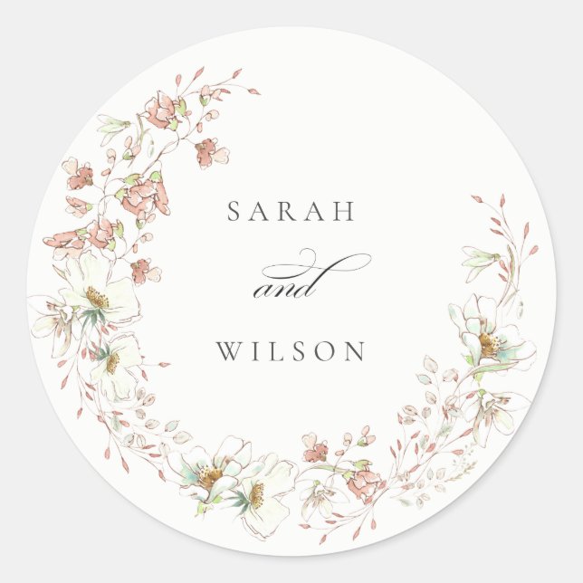 Blush White Rustic Meadow Floral Wreath Wedding Classic Round Sticker (Front)