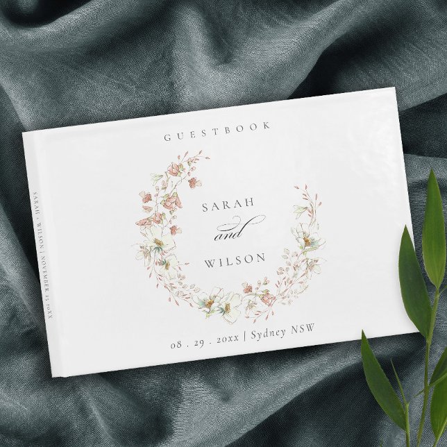 Blush White Rustic Meadow Floral Wreath Wedding Guest Book (Creator Uploaded)