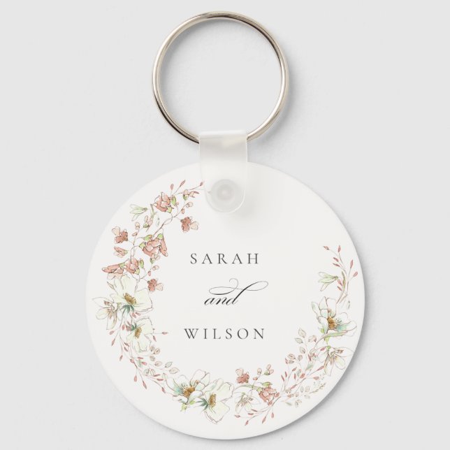 Blush White Rustic Meadow Floral Wreath Wedding Key Ring (Front)