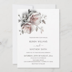 Blush White Textured Roses Simple Wedding Invitation