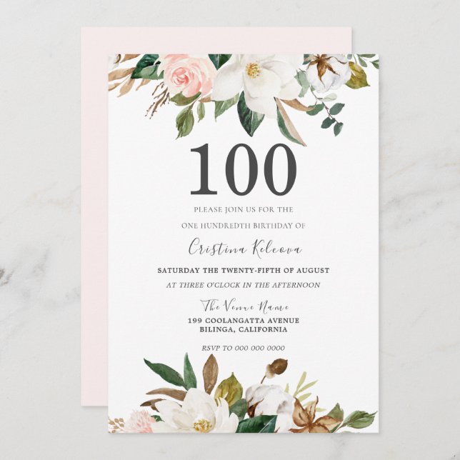 Blush & White Watercolor Flowers 100th Birthday Invitation (Front/Back)