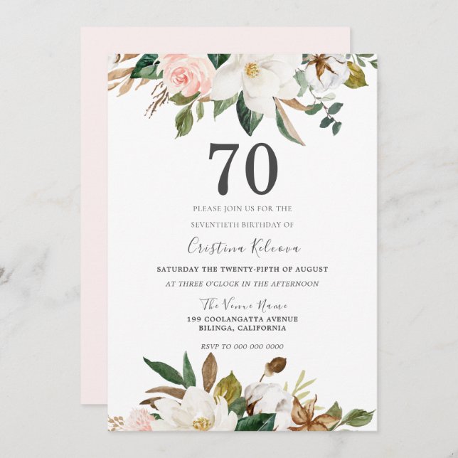 Blush & White Watercolor Flowers 70th Birthday Invitation (Front/Back)