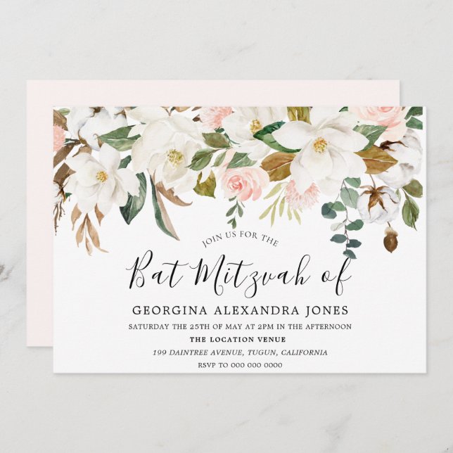 Blush & White Watercolor Flowers Bat Mizvah Invitation (Front/Back)
