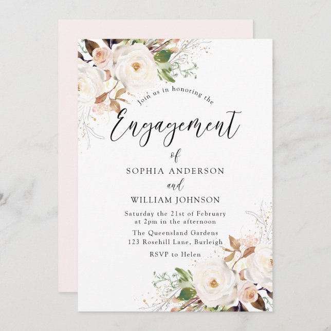 Blush White Wonderland Flowers Engagement Party Invitation (Front/Back)