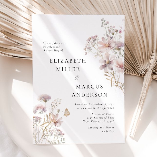 Blush Wildflower Boho Garden Floral Wedding Invitation (Blush wildflower floral wedding invitation with soft pastel flowers and elegant modern typography)