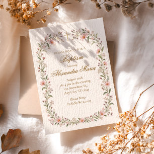 Blush Wildflower Cross Girl Baptism Invitation