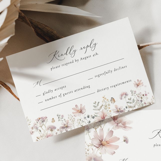 Blush Wildflower Floral Border Wedding RSVP Card (Minimal blush wildflower wedding RSVP card with elegant script typography and soft floral border)