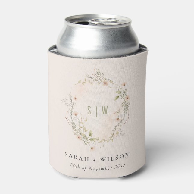 Blush Wildflower Floral Monogram Wreath Wedding Can Cooler (Can Front)