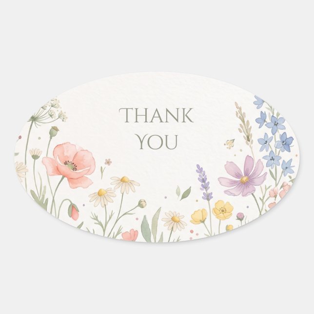 Blush Wildflower Meadow Thank You Oval Sticker (Front)
