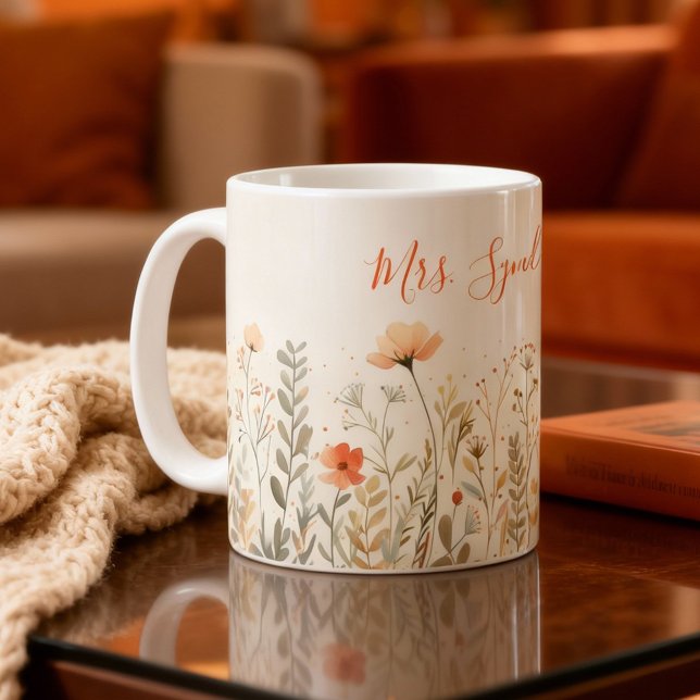 Blush Wildflower Teacher Name Elegant Script Coffee Mug (Creator Uploaded)