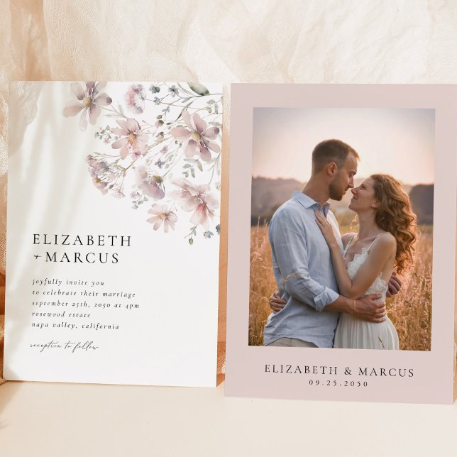 Blush Wildflower Wedding Invitation (Floral editorial wedding invitation with photo card, blush wildflowers and modern serif type)