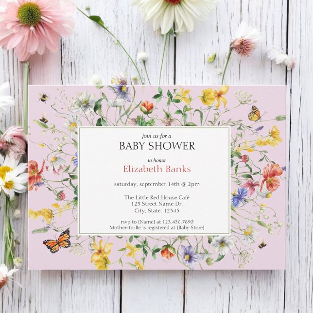 Blush Wildflowers, Bees, & Butterflies Baby Shower Invitation (Creator Uploaded)