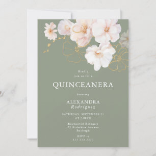  Blush Wildflowers Elegant Sage Quinceanera Invitation
