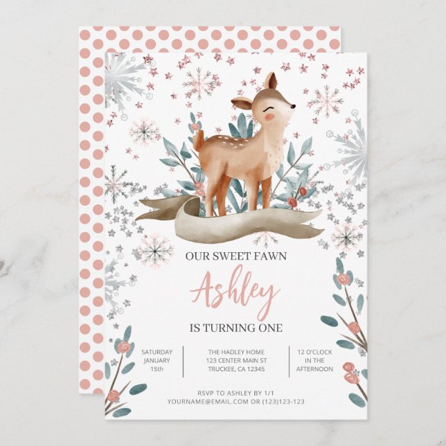 Blush Winter Cute Deer 1st Birthday Invitation (Front/Back)