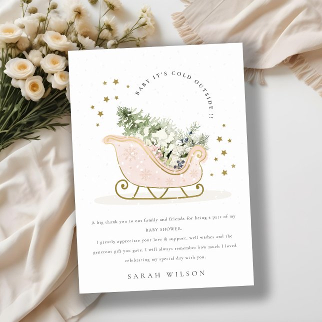 Blush Winter Sleigh Its Cold Outside Baby Shower  Thank You Card (Creator Uploaded)