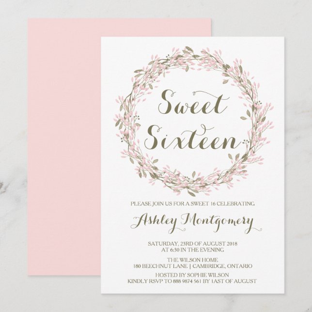Blush Winter Wreath Sweet Sixteen Party Invitation (Front/Back)