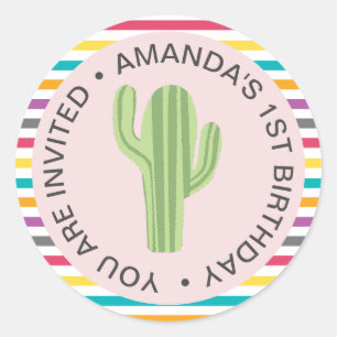 Blush With Colourful Stripes Cactus Fiesta Birthda Classic Round Sticker