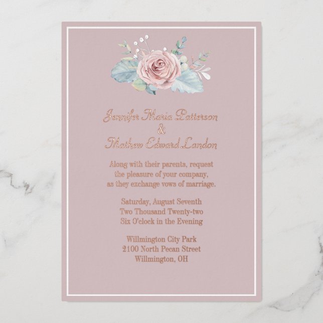 Blush with Pink Rose Wedding Foil Invitation (Front)