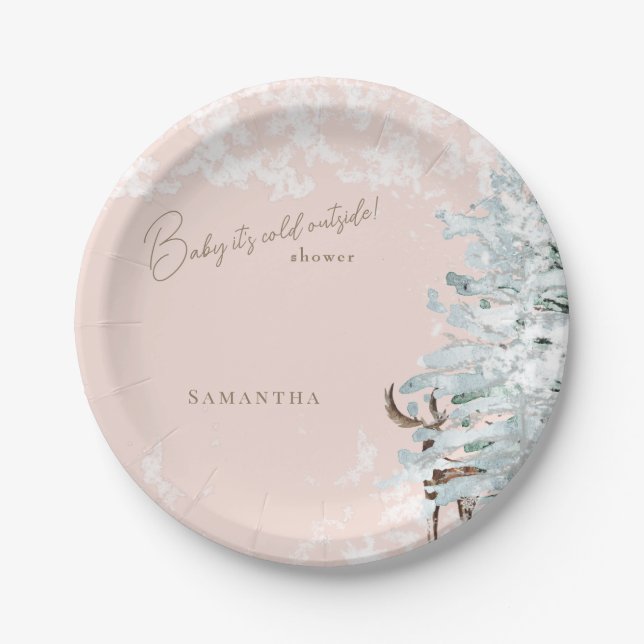 Blush Woodland Baby it's Cold Outside Paper Plate (Front)