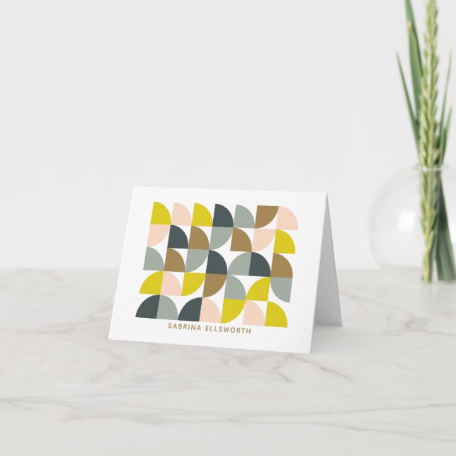 Blush Yellow Grey Geometric Pattern Personalised Note Card (Front)