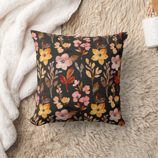Blush Yellow Wine Fall Autumn Floral Leaves Black Cushion (Blanket)