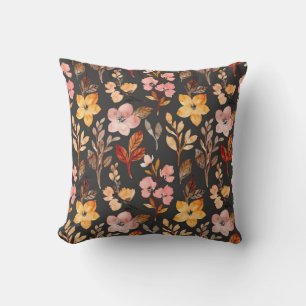 Blush Yellow Wine Fall Autumn Floral Leaves Black Cushion