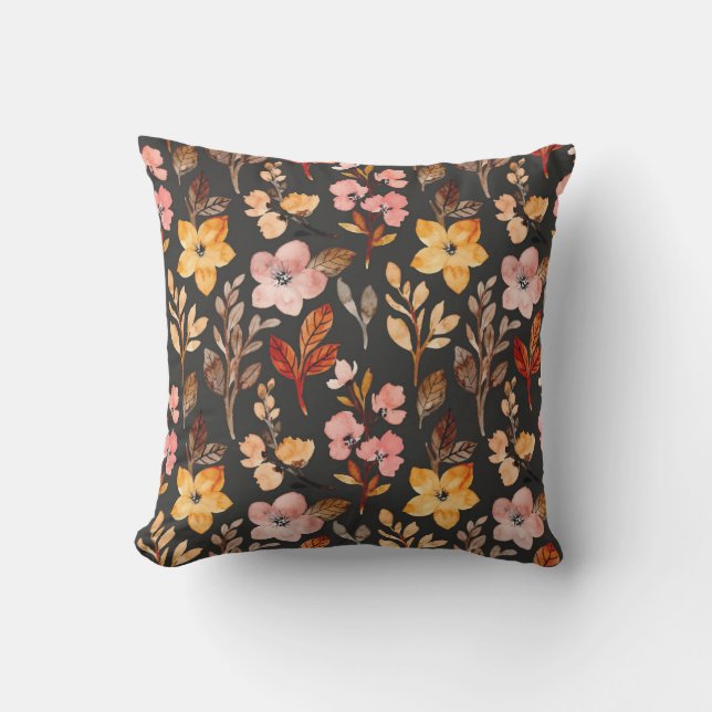 Blush Yellow Wine Fall Autumn Floral Leaves Black Cushion (Front)
