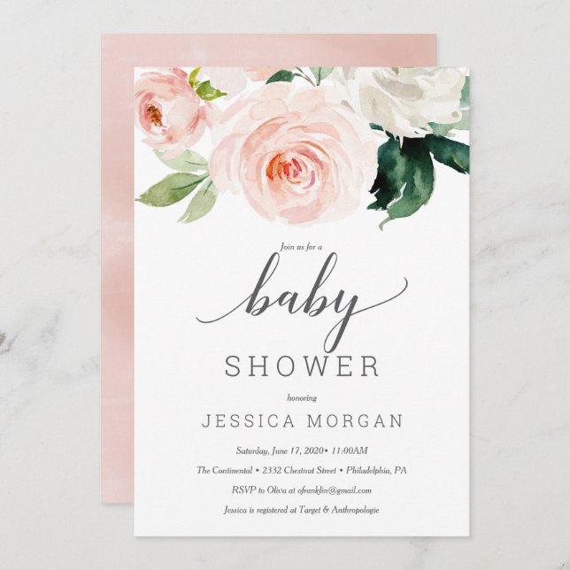 Blushing Blooms Baby Shower Invitation Card (Front/Back)