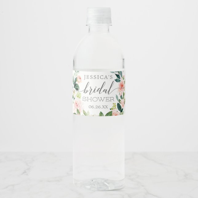 Blushing Blooms Bridal Shower Water Bottle Labels (Front)