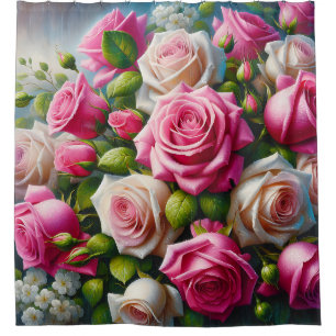 “Blushing Blooms: Dew-Kissed Roses" Shower Curtain