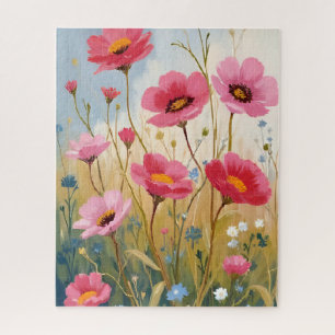 Blushing Blooms Pink Flower Meadow Floral Jigsaw Puzzle