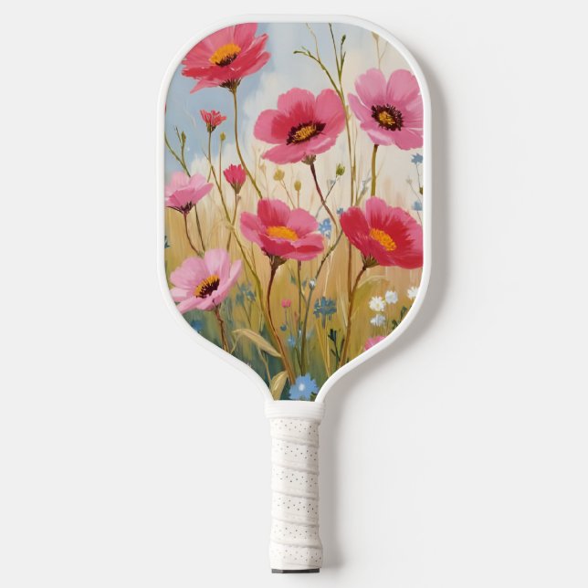 Blushing Blooms | Pink Flower Meadow Floral Pickleball Paddle (Front)