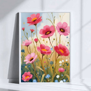Blushing Blooms Pink Flower Meadow Floral Poster