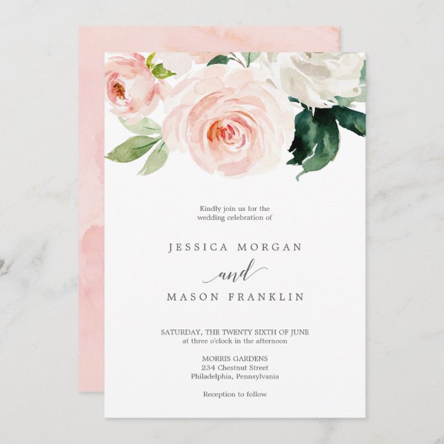 Blushing Blooms Wedding Invitation (Front/Back)