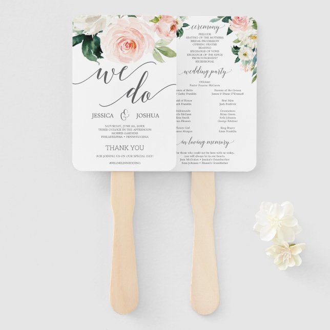 Blushing Blooms Wedding Program Fans Flowers (Front and Back)