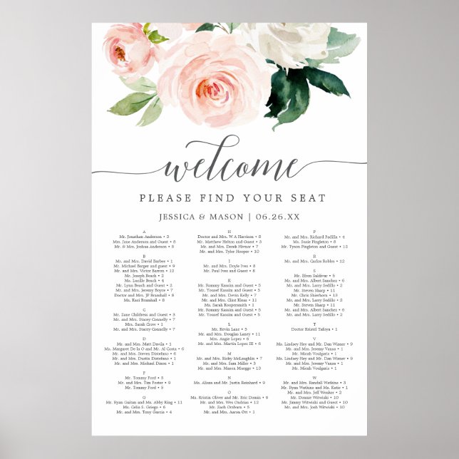 Blushing Blooms Wedding Seating Chart 24x36 (Front)