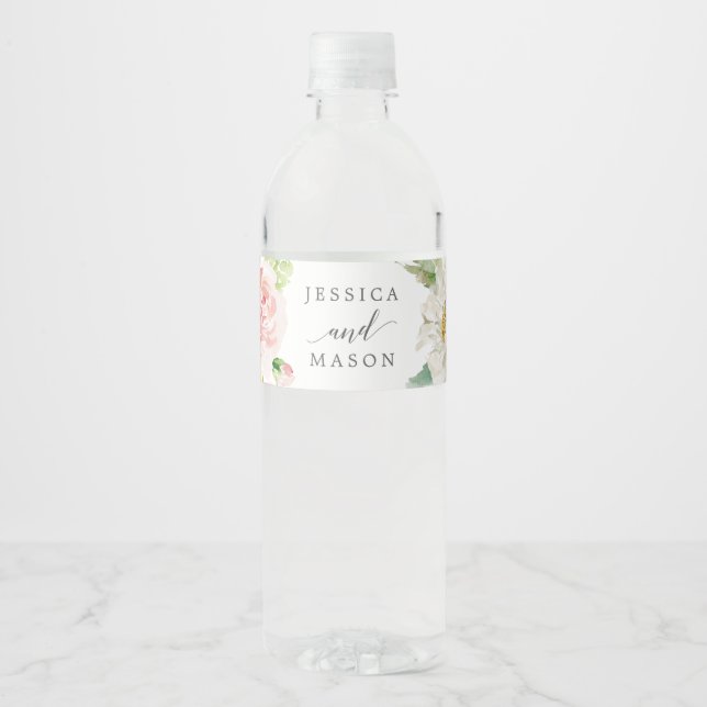 Blushing Blooms Wedding Water Bottle Label (Front)