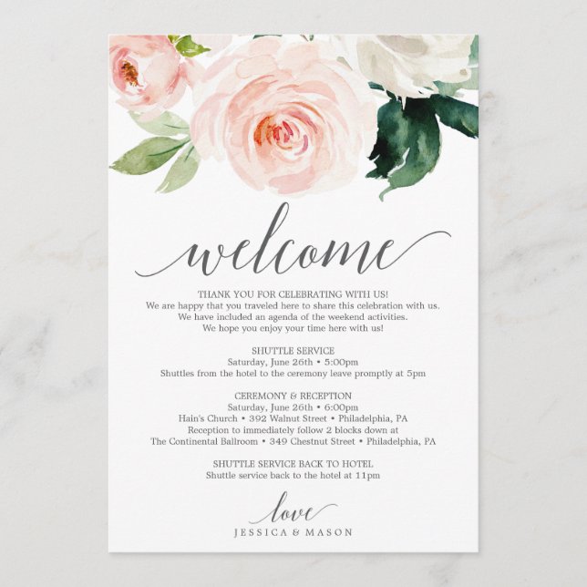Blushing Blooms Wedding Welcome Itinerary Letter Program (Front)